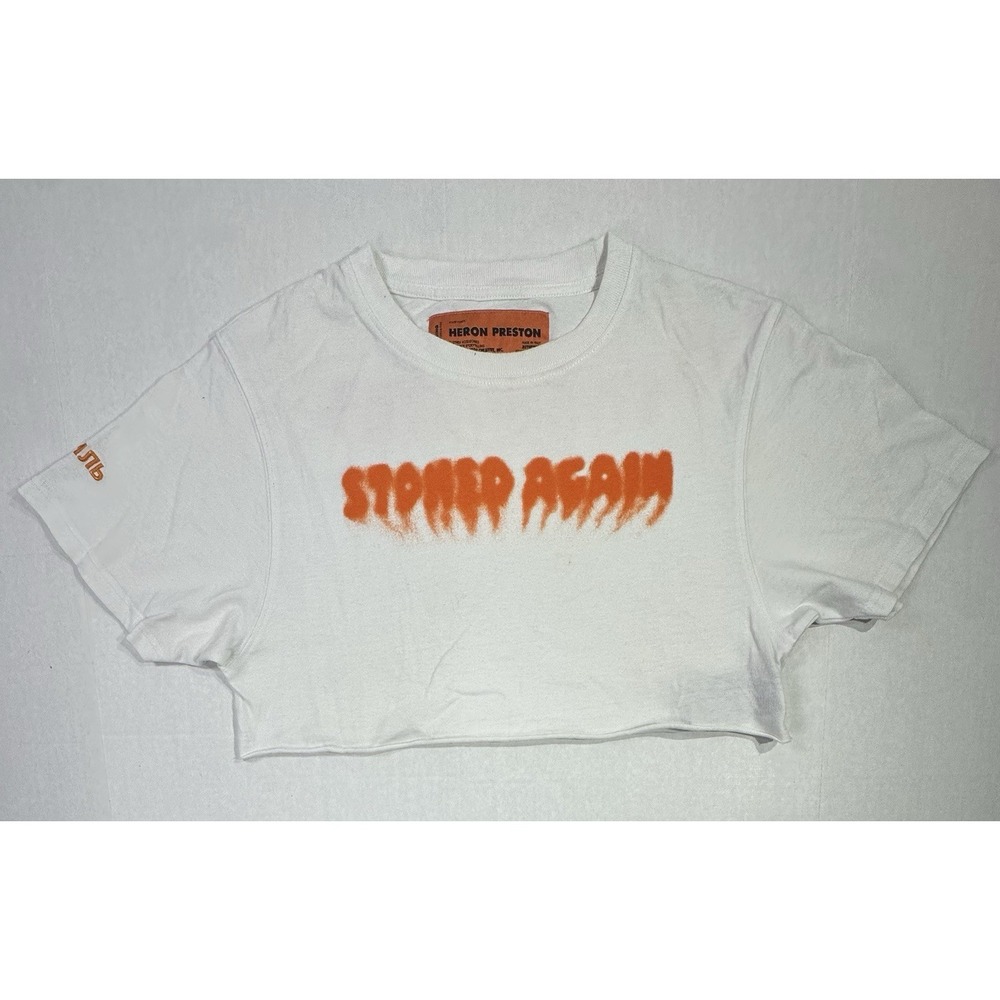 Heron Preston "Stoned Again" Crop Top Tee Women's‎ Small White Made In Italy